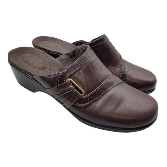 Clarks Bendables 62949 Women's Brown Leather Slip On Clogs Mules Shoes Size 8M - Picture 1 of 10